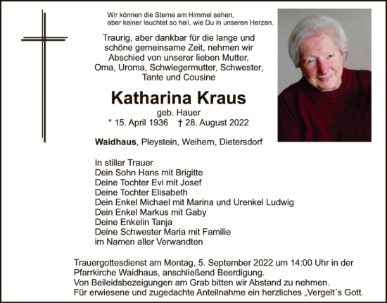 Traueranzeige von Katharina Kraus von Hauptausgabe Weiden