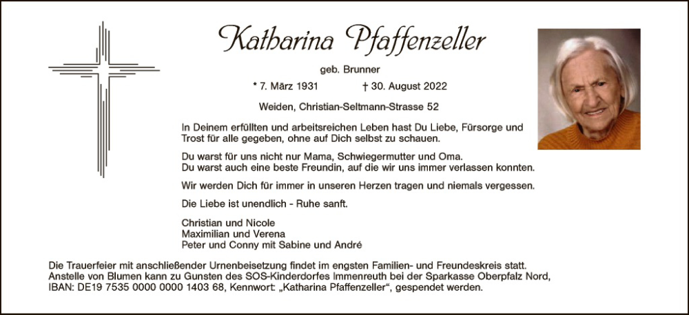  Traueranzeige für Katharina Pfaffenzeller vom 03.09.2022 aus Hauptausgabe Weiden
