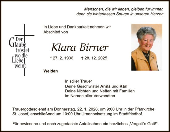 Traueranzeige von Klara Birner von Hauptausgabe Weiden