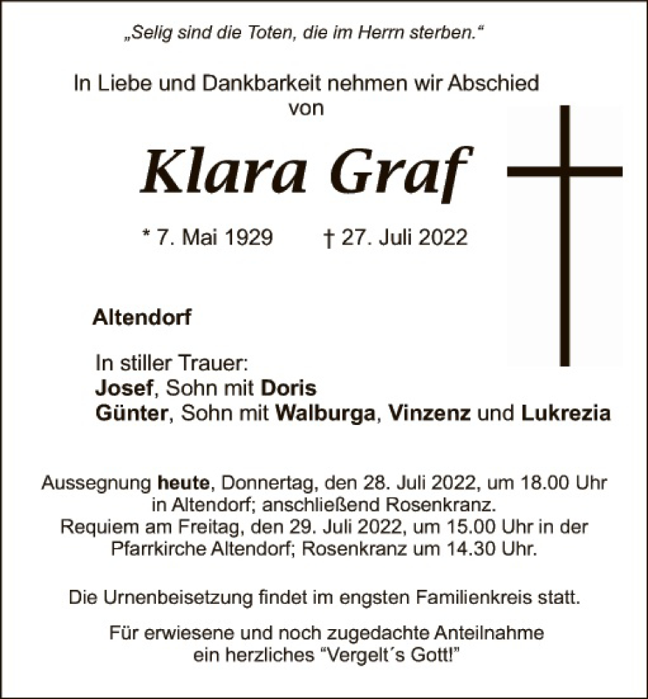  Traueranzeige für Klara Graf vom 28.07.2022 aus Landkreis Schwandorf