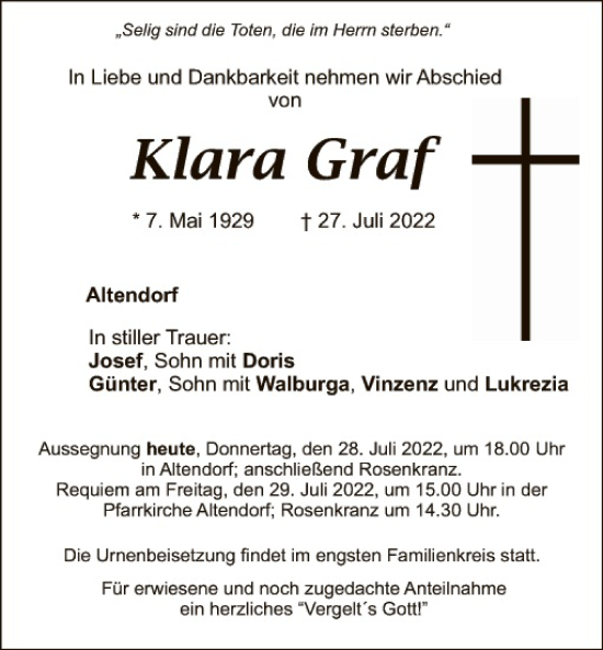 Traueranzeige von Klara Graf von Landkreis Schwandorf