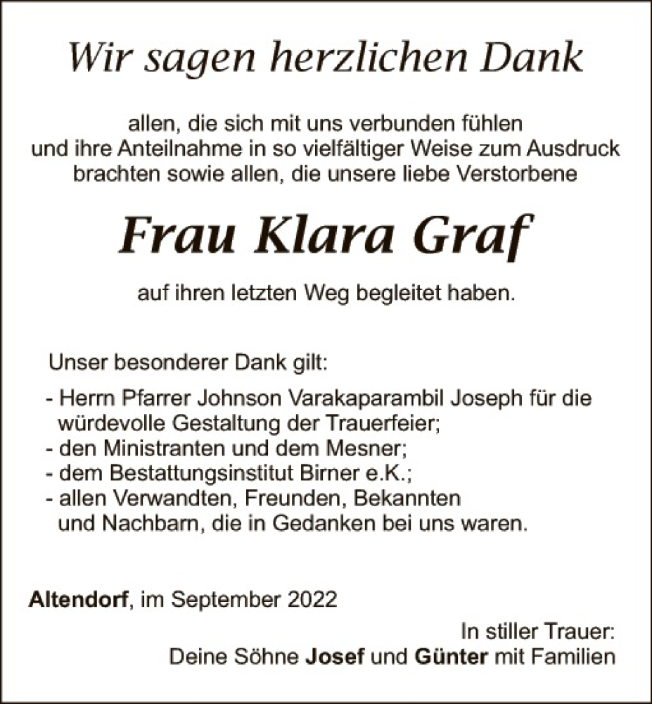  Traueranzeige für Klara Graf vom 01.09.2022 aus Landkreis Schwandorf