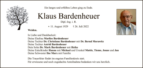 Traueranzeige von Klaus Bardenheuer von Hauptausgabe Weiden