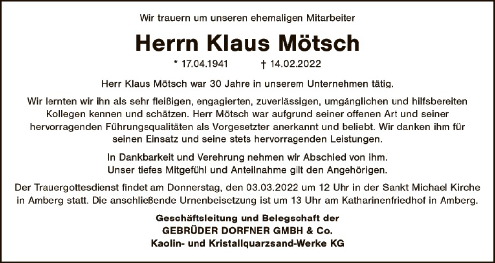  Traueranzeige für Klaus Mötsch vom 26.02.2022 aus Hauptausgabe Amberg