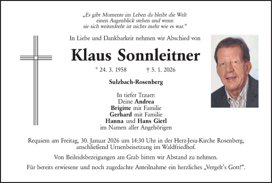 Traueranzeige von Klaus Sonnleitner von Hauptausgabe Amberg