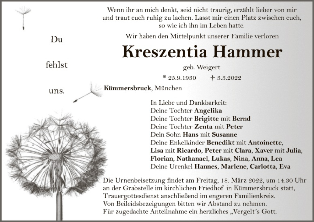  Traueranzeige für Kreszentia Hammer vom 16.03.2022 aus Hauptausgabe Amberg