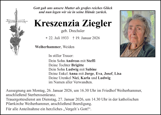 Traueranzeige von Kreszenzia Ziegler von Hauptausgabe Weiden