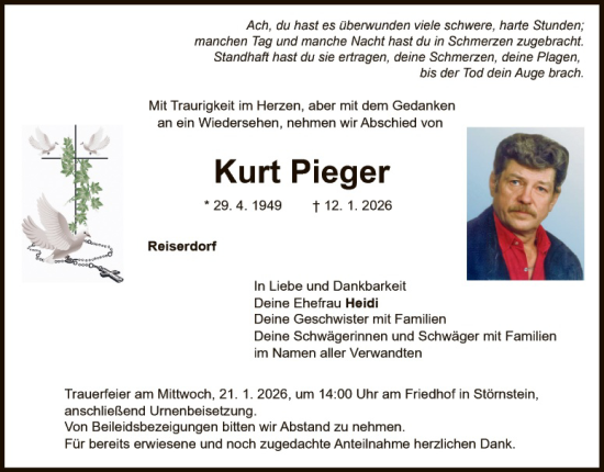 Traueranzeige von Kurt Pieger von Hauptausgabe Weiden
