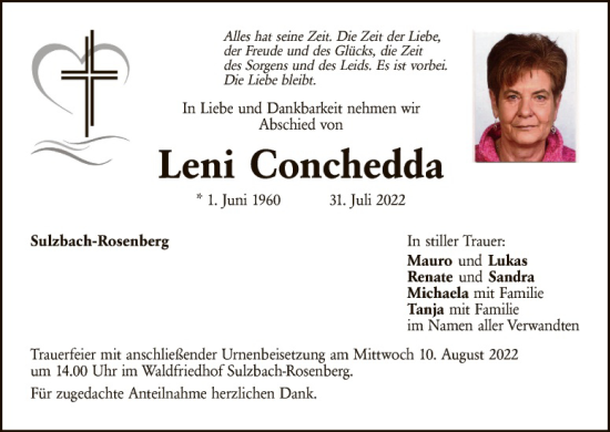 Traueranzeige von Leni Conchedda von Hauptausgabe Amberg