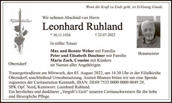 Traueranzeige von Leonhard Ruhland von Tirschenreuth + Eschenbach - Kemnath - Erbendorf