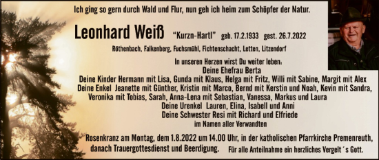 Traueranzeige von Leonhard Weil von Tirschenreuth + Eschenbach - Kemnath - Erbendorf