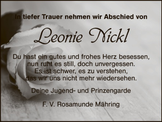 Traueranzeige von Leonie Nickl von Tirschenreuth + Eschenbach - Kemnath - Erbendorf