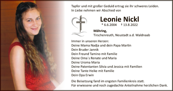 Traueranzeige von Leonie Nickl von Tirschenreuth + Eschenbach - Kemnath - Erbendorf
