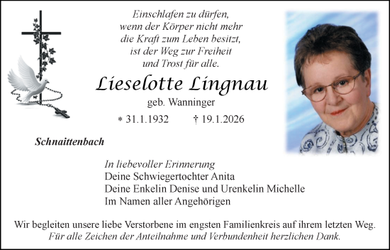 Traueranzeige von Lieselotte Lingnau von Hauptausgabe Amberg