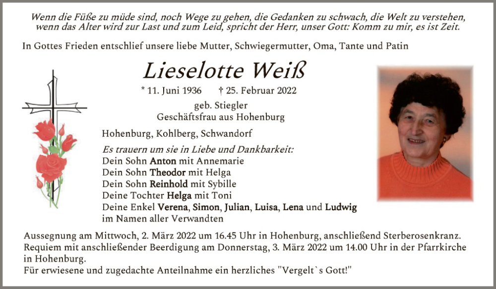  Traueranzeige für Lieselotte Weiß vom 01.03.2022 aus Hauptausgabe Amberg