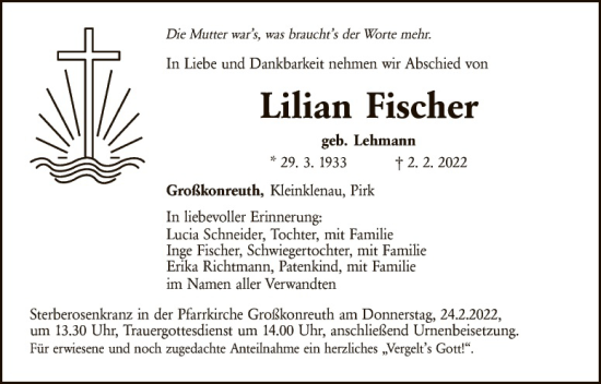 Traueranzeige von Lilian Fischer von Tirschenreuth + Eschenbach - Kemnath - Erbendorf