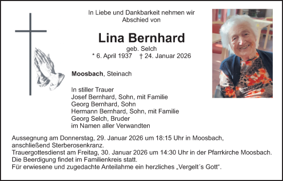 Traueranzeige von Lina Bernhard von Landkreis Schwandorf und Vohenstrauß