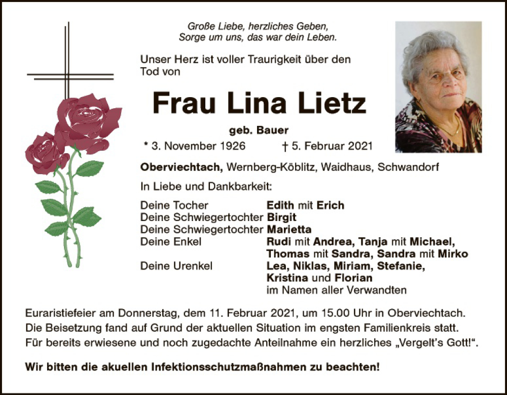  Traueranzeige für Lina Lietz vom 09.02.2021 aus Landkreis Schwandorf und Vohenstrauß