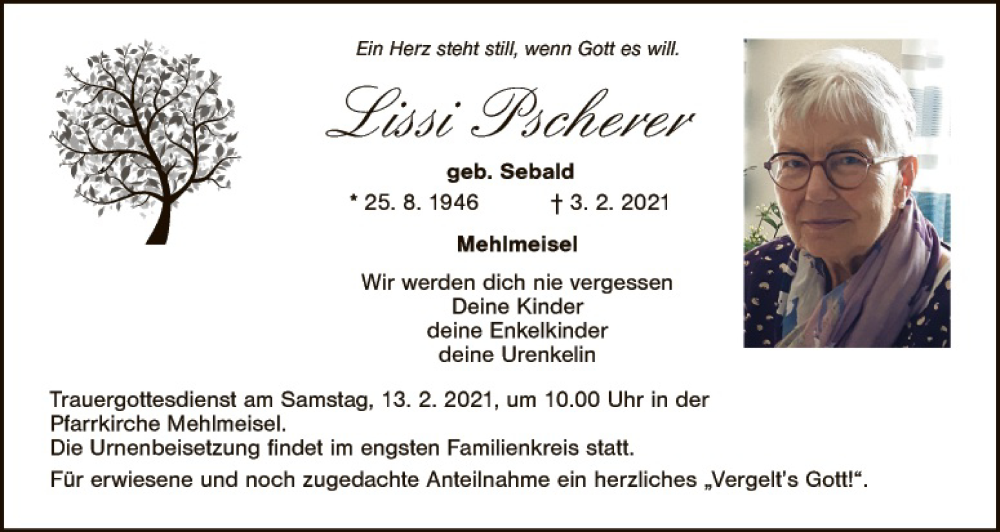  Traueranzeige für Lissi Pscherer vom 11.02.2021 aus Tirschenreuth + Eschenbach - Kemnath - Erbendorf