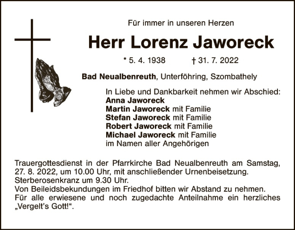  Traueranzeige für Lorenz Jaworeck vom 24.08.2022 aus Tirschenreuth + Eschenbach - Kemnath - Erbendorf