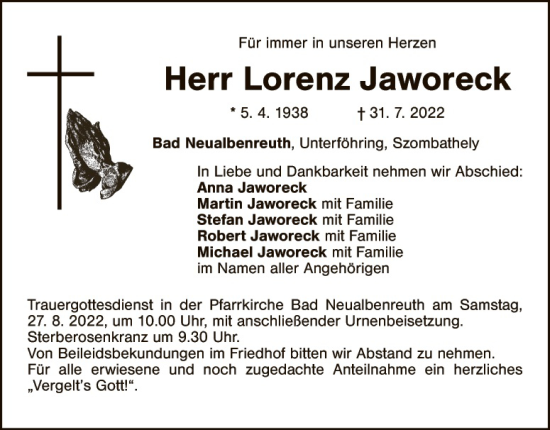 Traueranzeige von Lorenz Jaworeck von Tirschenreuth + Eschenbach - Kemnath - Erbendorf