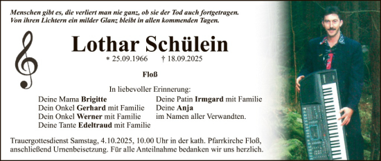 Traueranzeige von Lothar Schülein von Hauptausgabe Weiden