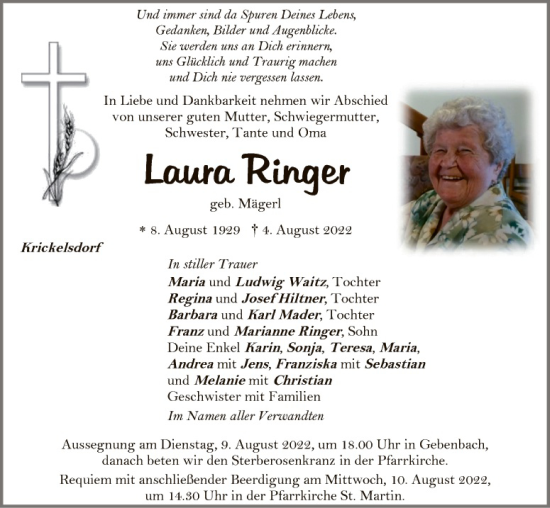 Traueranzeige von Loura Ringer von Hauptausgabe Amberg