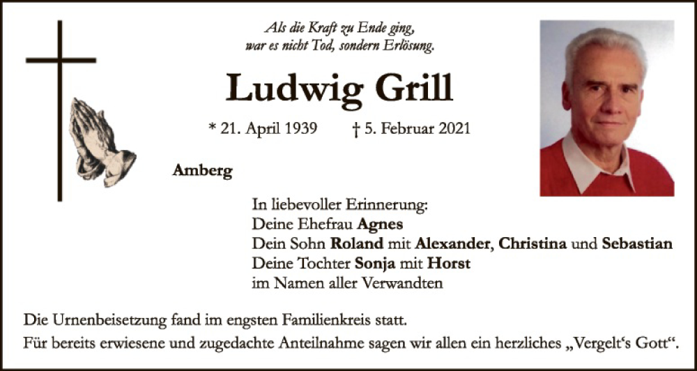  Traueranzeige für Ludwig Grill vom 13.02.2021 aus Hauptausgabe Amberg