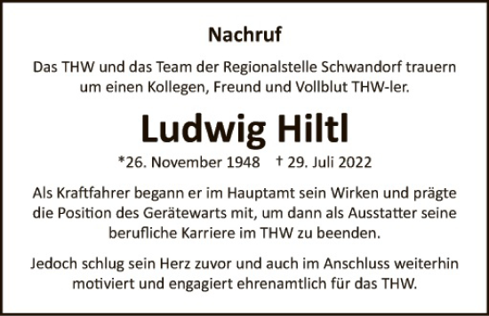Traueranzeige von Ludwig Hiltl von Hauptausgabe Amberg