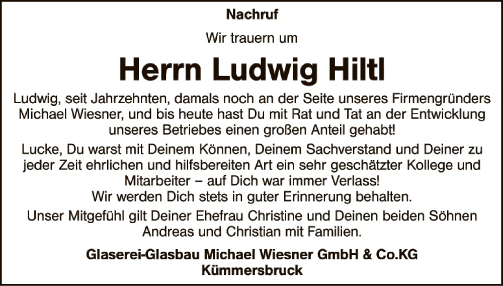  Traueranzeige für Ludwig Hiltl vom 05.08.2022 aus Hauptausgabe Amberg