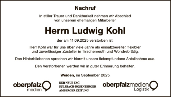 Traueranzeige von Ludwig Kohl von Hauptausgabe Weiden