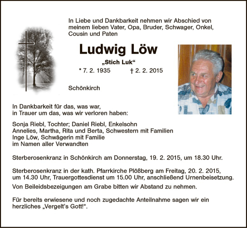 Traueranzeige für Ludwig Löw vom 18.02.2015 aus Hauptausgabe Weiden