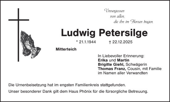 Traueranzeige von Ludwig Petersilge von Hauptausgabe Weiden