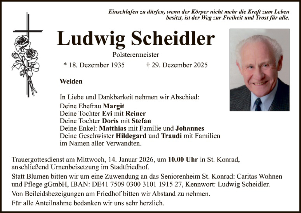  Traueranzeige für Ludwig Scheidler vom 10.01.2026 aus Hauptausgabe Weiden