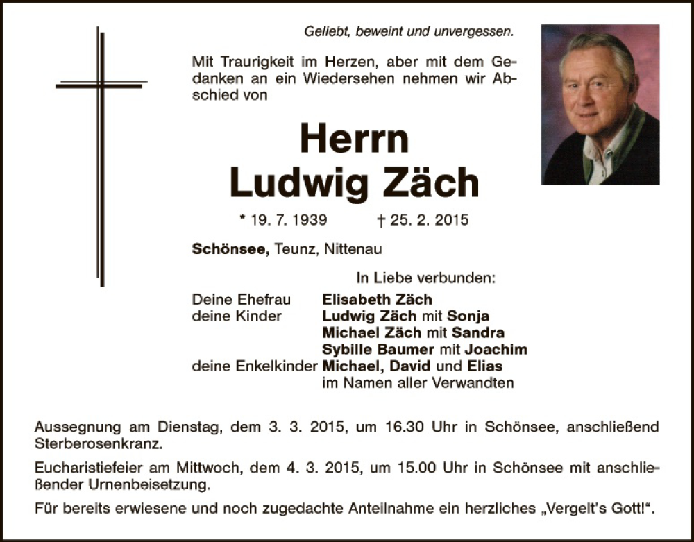  Traueranzeige für Ludwig Zäch vom 02.03.2015 aus Landkreis Schwandorf
