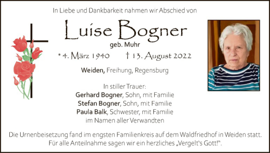 Traueranzeige von Luise Bogner von Hauptausgabe Weiden