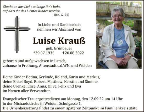 Traueranzeige von Luise Krauß von Hauptausgabe Weiden