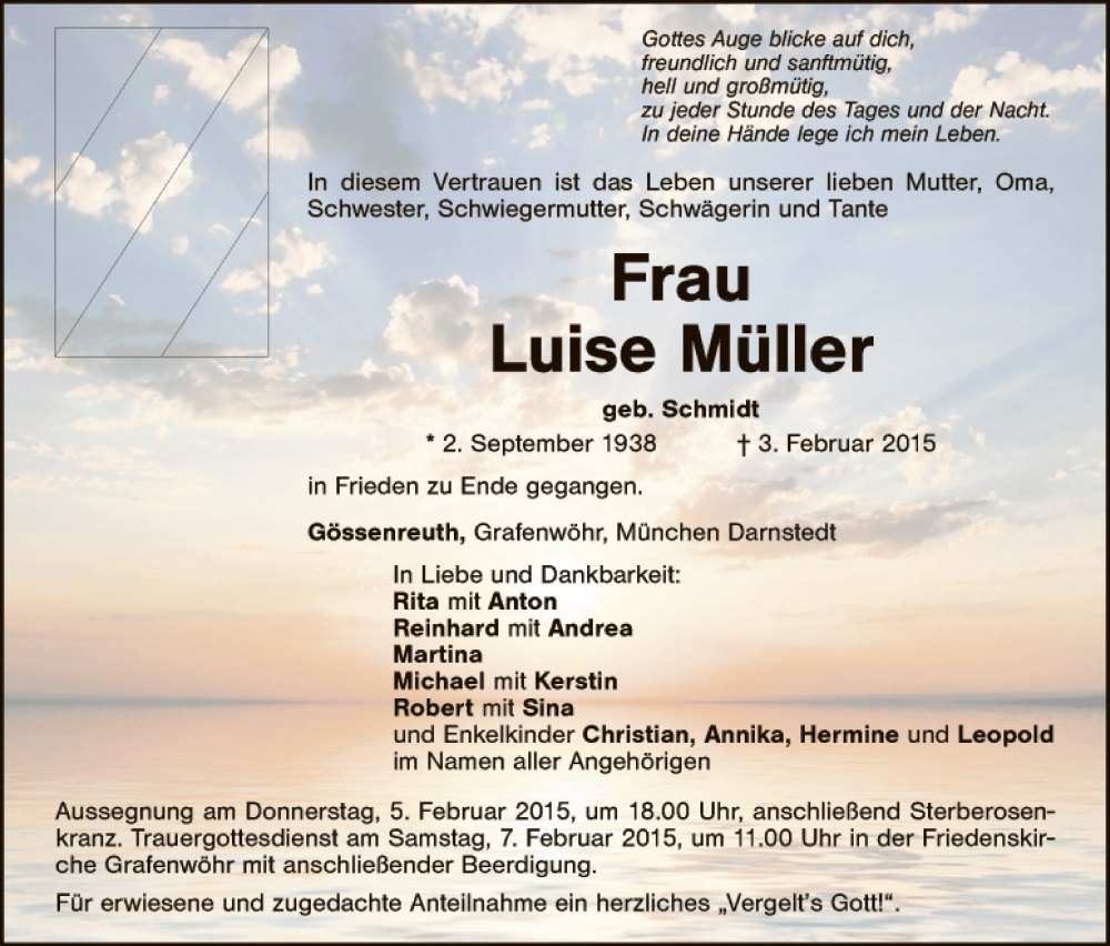  Traueranzeige für Luise Müller vom 05.02.2015 aus Gesamtausgabe