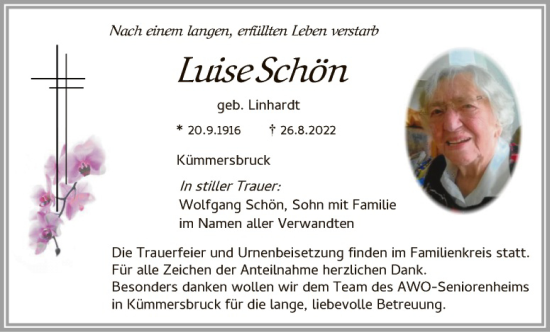 Traueranzeige von Luise Schön von Hauptausgabe Amberg