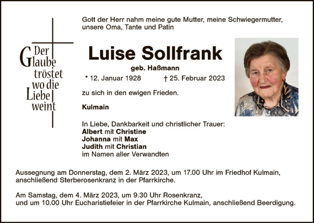  Traueranzeige für Luise Sollfrank vom 01.03.2023 aus Hauptausgabe Weiden
