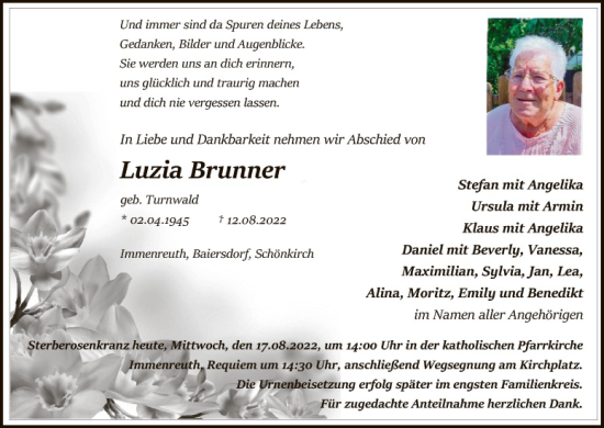 Traueranzeige von Luzia Brunner von Tirschenreuth + Eschenbach - Kemnath - Erbendorf