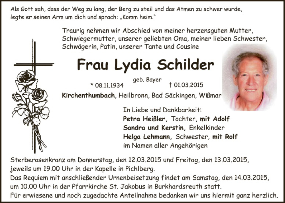  Traueranzeige für Lydia Schilder vom 10.03.2015 aus Tirschenreuth + Eschenbach - Kemnath - Erbendorf