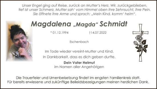 Traueranzeige von Magdalena Schmidt von Tirschenreuth + Eschenbach - Kemnath - Erbendorf