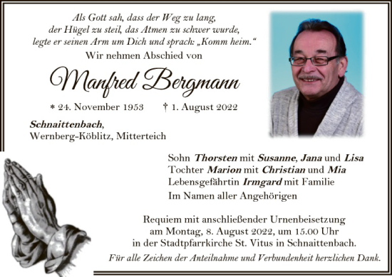 Traueranzeige von Manfred Bergmann von Hauptausgabe Amberg