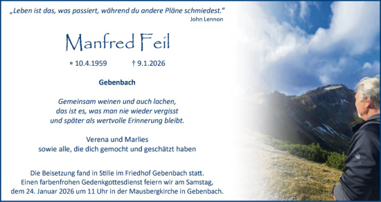 Traueranzeige von Manfred Feil von Hauptausgabe Amberg