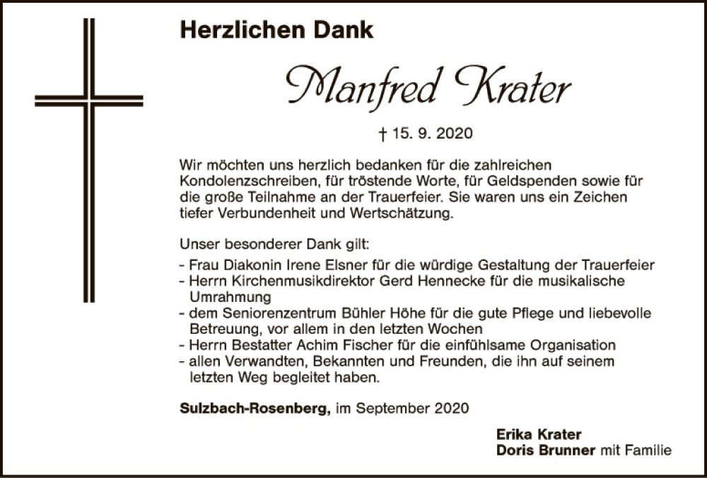  Traueranzeige für Manfred Krater vom 26.09.2020 aus Hauptausgabe Amberg