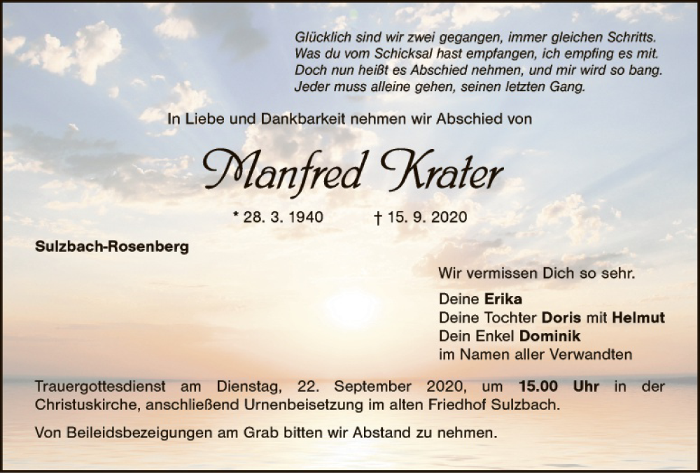  Traueranzeige für Manfred Krater vom 19.09.2020 aus Hauptausgabe Amberg