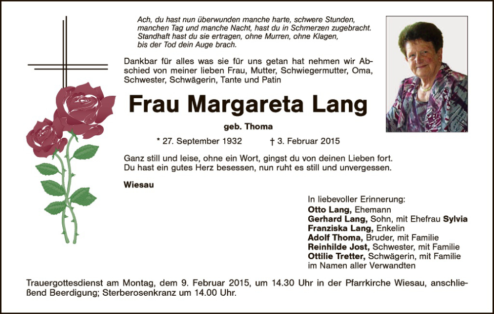  Traueranzeige für Margareta Lang vom 05.02.2015 aus Hauptausgabe Weiden