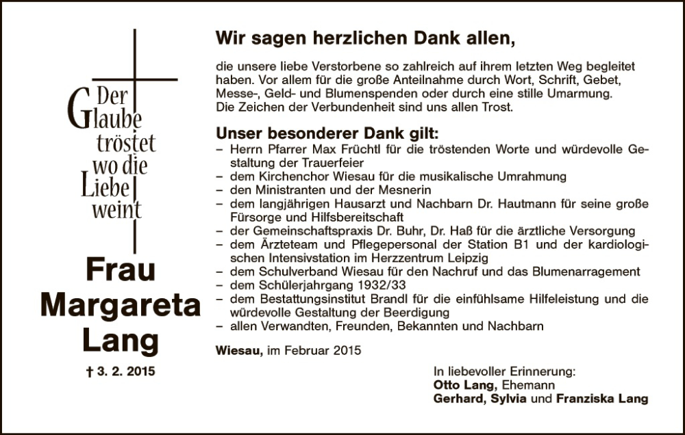  Traueranzeige für Margareta Lang vom 18.02.2015 aus Hauptausgabe Weiden