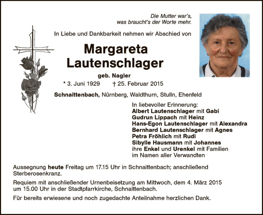  Traueranzeige für Margareta Lautenschlager vom 27.02.2015 aus Hauptausgabe Amberg